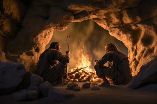 Neanderthal Life. Neanderthals gather around the fire in a cave, revealing their communal bonds and mastery of early fire control