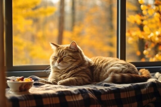 Lazy cat sleeps on cozy warm windowsill in autumn weather, hygge concept