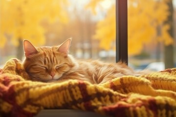 Lazy cat sleeps on cozy warm windowsill in autumn weather, hygge concept