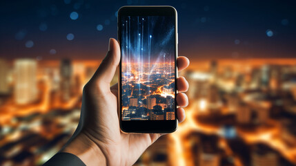 Generative ai human hand holding smartphone in futuristic metaverse cyberspace background