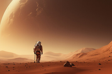 Generative ai astronaut wearing space suit walking on a surface of a red planet