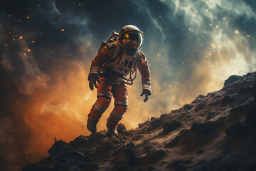 Generative ai astronaut wearing space suit walking on a surface of a red planet