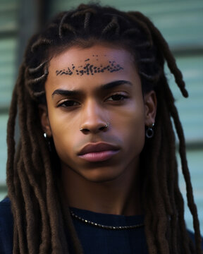 Generative Ai Handsome Black Man With Braids Hairstyle Looking Camera