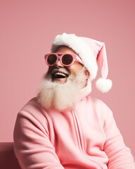 Generative ai old senior man wearing santa claus costume and sunglasses looking positive