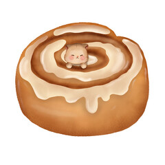 Cat with cinnamon roll Watercolor drawing hand drawn illustration