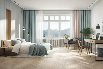 Room in light pastel colors, Scandi-Boho style. Generative AI