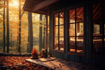 Cozy wooden house in the autumn forest