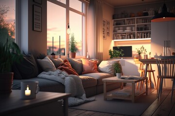 Living room interior with sofa, coffee table and plants