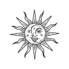 sun and crescent moon with face. hand drawing style, engraving. Bohemian vector illustration