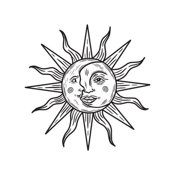 sun and crescent moon with face. hand drawing style, engraving. Bohemian vector illustration