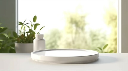 Naklejka na ściany i meble Smooth round white tray podium in sunlight on white.Generative AI