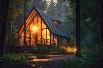 Cozy wooden house in calm forest