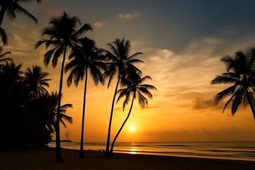 Fototapeta na wymiar Palm Trees Silhouettes On Tropical Beach At Sunset. Ai generative.
