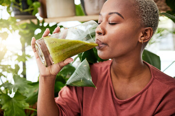 Health, drink and detox with black woman and smoothie for diet, breakfast and protein. Nutrition,...