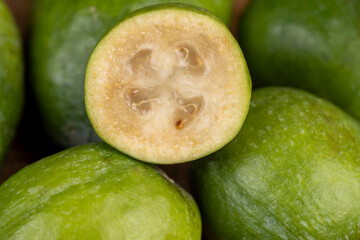 Ripe and soft green feijoa on the table