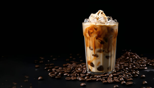 Coffee with ice and milk, on a dark background. Frape. AI generation