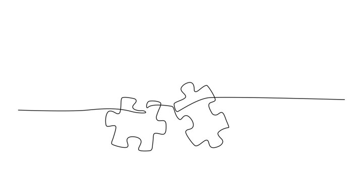 recommend clip art: Continuous one line drawing of two puzzle jigsaw pieces. Single line drawing of puzzle pieces for ideas, business strategy, thinking process, human creativity, problem solving. Editable stroke vector