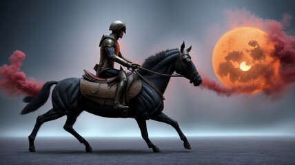 A Man Riding On The Back Of A Black Horse