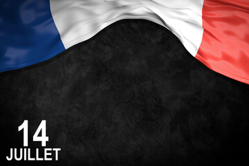 National emblem of France. Flag of France on black background close up. Bonne fete Nationale. 