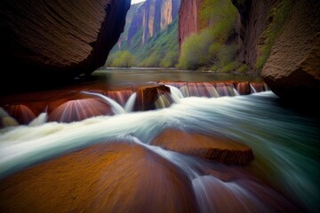 A River Flowing Through A Canyon Surrounded By Mountains