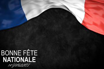 National emblem of France. Flag of France on black background close up. Bonne fete Nationale. 