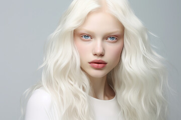 Fototapeta premium Caucasian albino girl posing in studio. Portrait of a beautiful young woman. Body positivity, diversity and fashion concept 