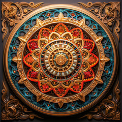 Naklejka premium Mandala aus Metal in Kupfer, Rot und Blau, Generative AI