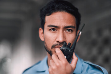 Security guard, walkie talkie or safety officer man outdoor for protection, patrol or watch. Law...