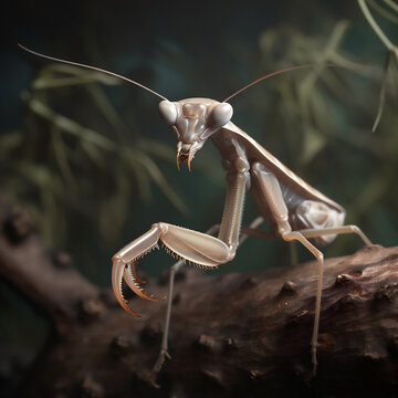 White Praying Mantis (Hierodula patellifera) with Detailed Antennas and Eyes - Representing the Nuances of Insect Zoology and Entomology. Generative AI.