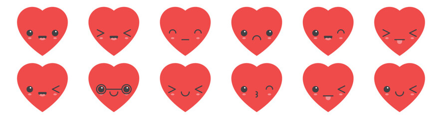 Cartoon heart shape emoji with different mood vector illustration collection