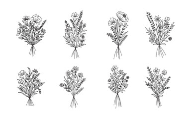 Set of flower bouquet vector. Hand drawn flower. Wildflower line art bouquets set, wild plant, botanical vector illustration - obrazy, fototapety, plakaty