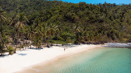 Piękna rajska plaża z białym piaskiem, palmami i turkusową wodą, osoba idąca po wybrzeżu. - obrazy, fototapety, plakaty