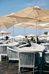 Beach cafe in a summer sunny day near the old town of Budva, Montenegro.