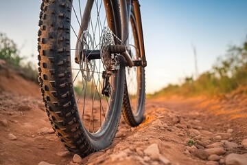 Fototapeta na wymiar Mountain bike tire low angle closeup on trail. (Ai generated)