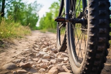 Naklejka premium Mountain bike tire low angle closeup on trail. (Ai generated)