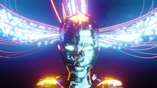AI robot connected to grid. Concept of future human, general artificial intelligence, machine learning, data streaming
