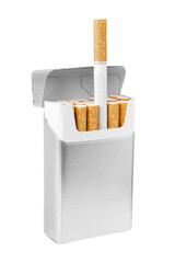 Open pack of cigarettes on a white background.