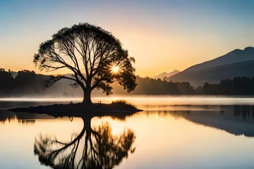 Fotobehang sunrise over the lake © DracolaX