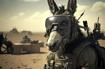Naklejka premium Donkey Military In The Field 002 Generative AI