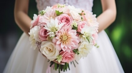 a girl in a white dress holds a wedding bouquet in her hands close-up.