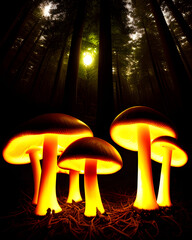 mushrooms glowing in the forest