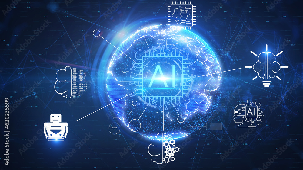 Poster digital blue earth ai artificial intelligence big data science information technology concept. futur