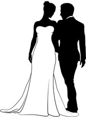 Bride and groom couple silhouettes. Woman in a bridal wedding dress