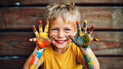 Portrait of a funny child boy shows hands dirty with paint.