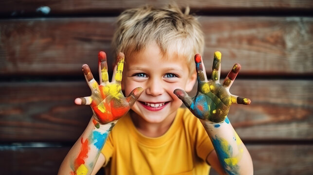 Portrait of a funny child boy shows hands dirty with paint.
