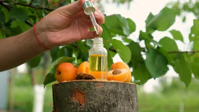 Apricot kernel oil in a bottle. Selective focus.