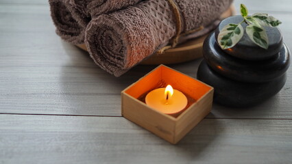 Fototapeta na wymiar Closeup of Spa accessories,Beautiful composition of spa , spa relax concept, herbs for massage, beautiful sap set on wood table,For marketing products