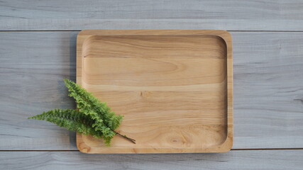 spa tray with leaves for background event blank wooden tray neatly arranging on linen table cloth