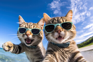 Two cats are taking selfies on a beach wearing sunglasses, sunny day with blue water