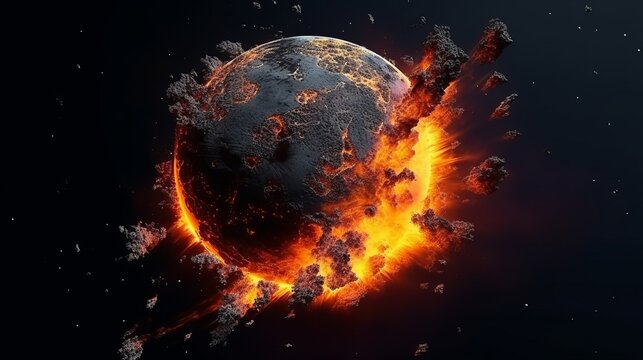 Illustration of a fiery planet emitting flames and heat © NK